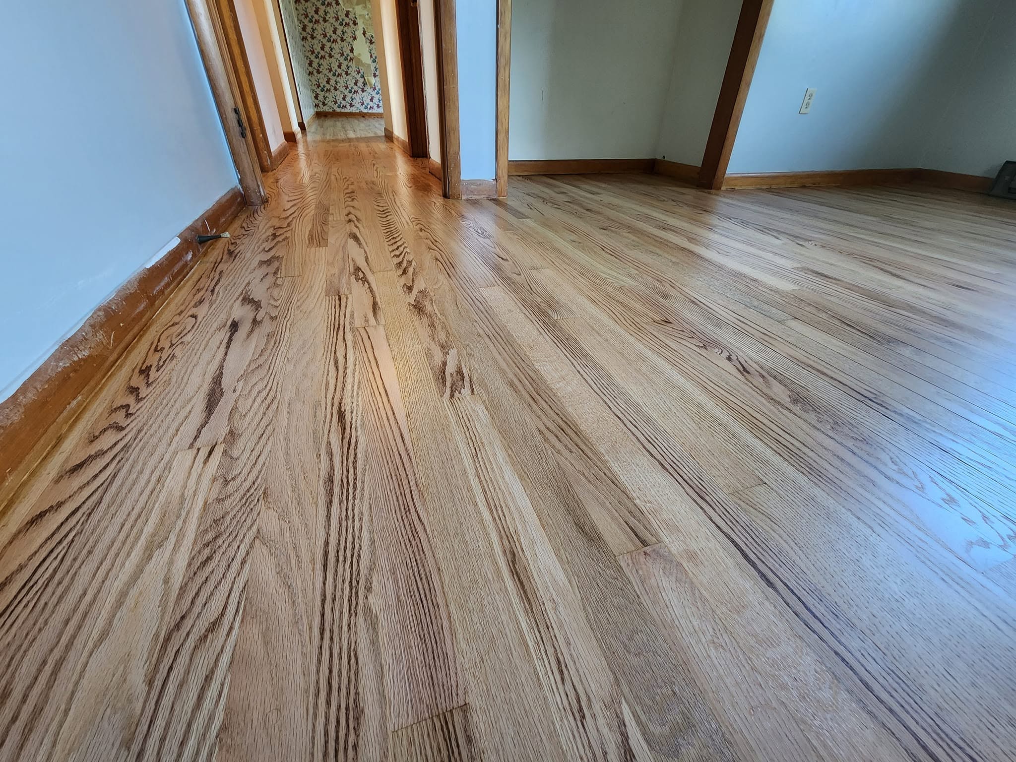 Finished hardwood floor through a kitchen and hallway with a clean satin sheen